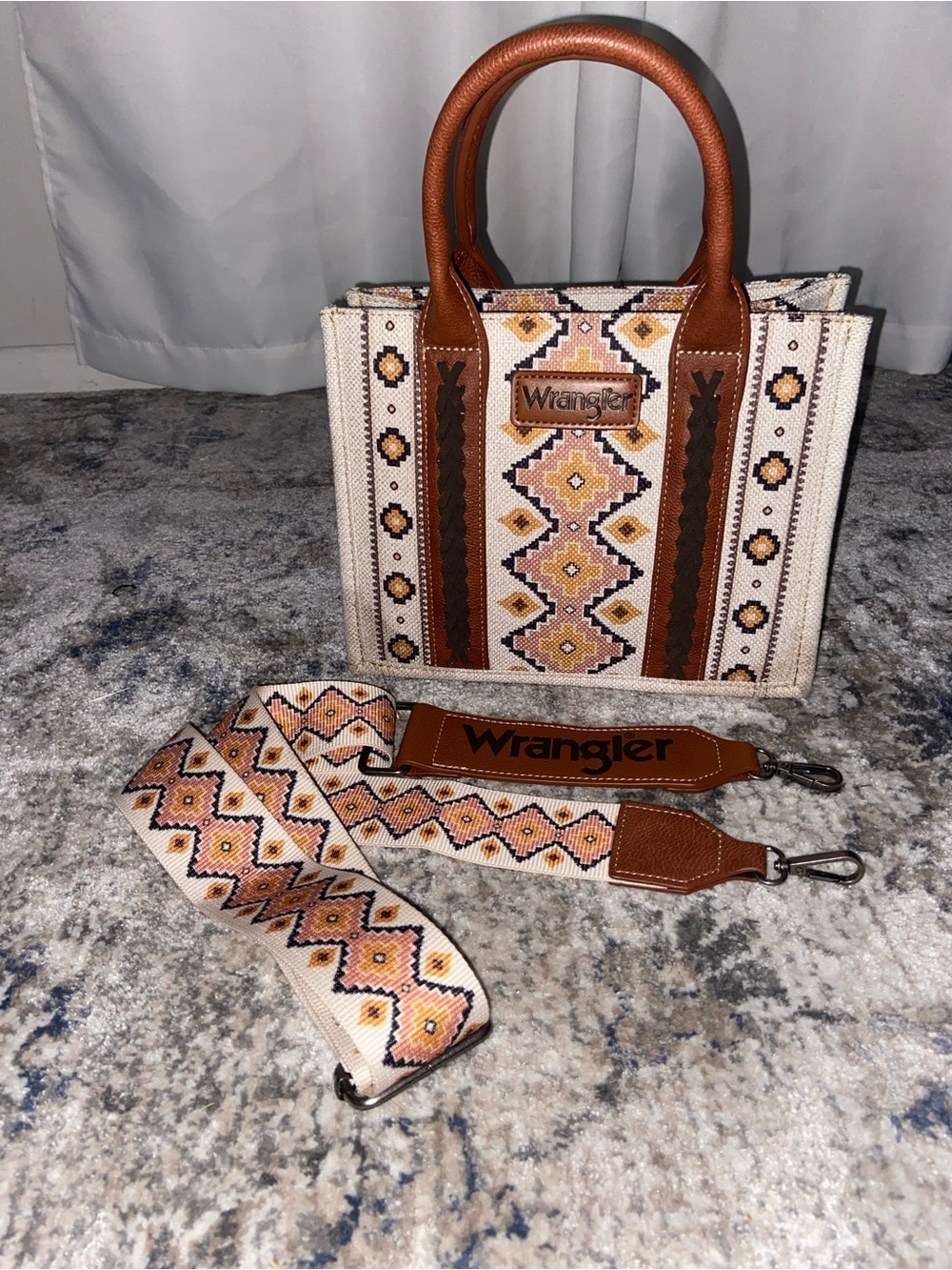 Wrangler Cream and Brown Embroidered Satchel with Patterned Strap